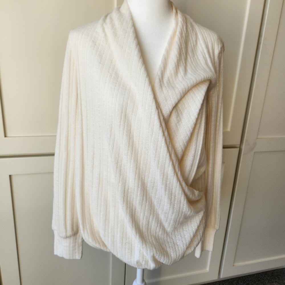 Maeve Anthropologie Womens Sweater Ivory Faux Wrap Front Long Sleeve Knit Xsmall - Picture 3 of 13